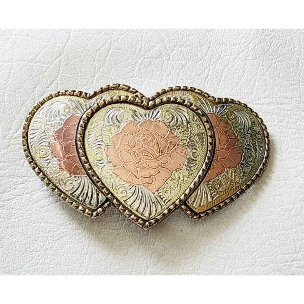 Triple Heart Rose Flower Belt Buckle Gold Silver Tone Country Western 4